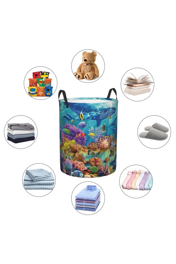 Sea World Large Laundry Basket, Waterproof, Freestanding Laundry Hamper, Collapsible Tall Clothes Hamper with Extended Handles-