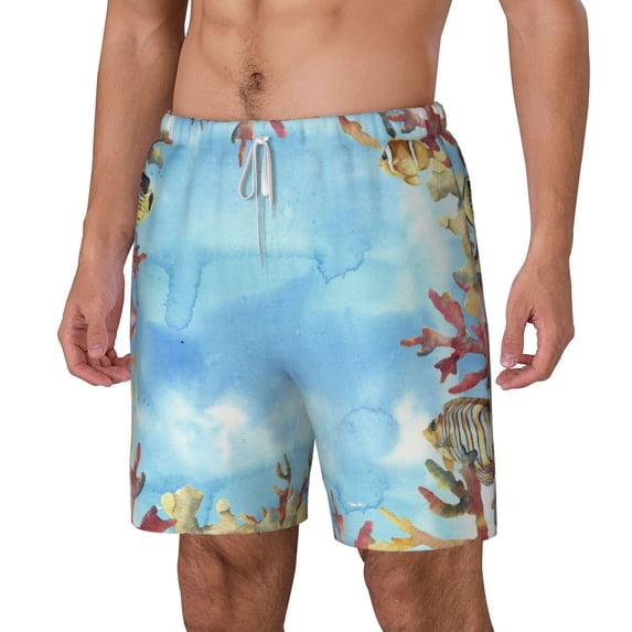 Picia Sea and Fish pattern Mens Swim Trunks with Compression Liner Stretch Beach Shorts Quick Dry with Zipper Pockets No-Chafing Board Shorts-Large