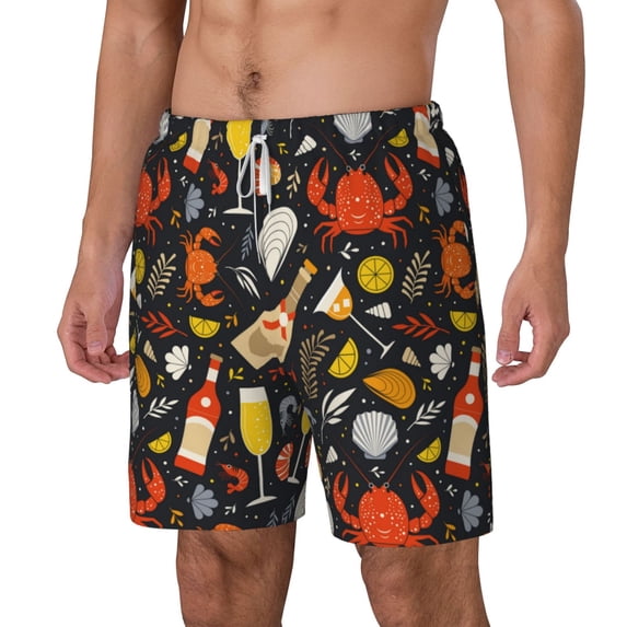 Picia Seafood And Drinks pattern Mens Swim Trunks with Compression Liner Stretch Beach Shorts Quick Dry with Zipper Pockets No-Chafing Board Shorts-Medium