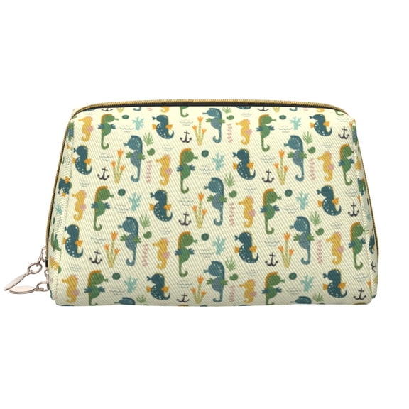 Picia Seahorse Print Leather Makeup Bag Make Up Bag Travel Toiletry Bag for Her Girlfriend Teacher Teen Girl Gifts
