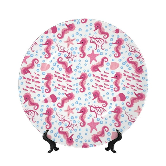 Picia Seahorse and Starfish Pattern Bone China Decorative Plate – Wall Decor with Stand and Adhesive, Elegant Ornament for Living Room, Office, or Entryway-7in