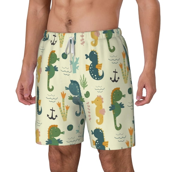 Picia Seahorse pattern Mens Swim Trunks with Compression Liner Stretch Beach Shorts Quick Dry with Zipper Pockets No-Chafing Board Shorts-3X-Large