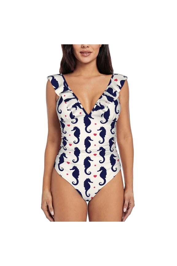 Seahorses and Hearts Blooming Jelly Womens Tummy Control Bathing Suits Slimming Ruffle Swimsuit One Piece Lace Swimwear-