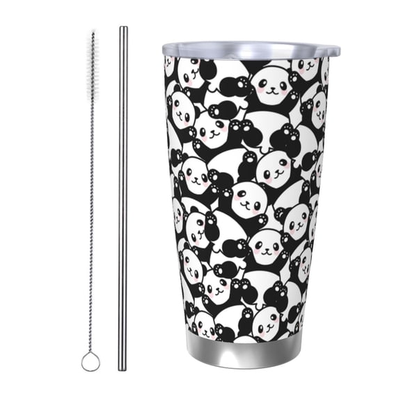 Picia Seamless Pattern Cute Panda Pattern 20 oz Tumbler Stainless Steel Vacuum Insulated Coffee Ice Cup Double Wall Travel Flask Dual Lid Water Bottle, Eco-friendly Car Cup