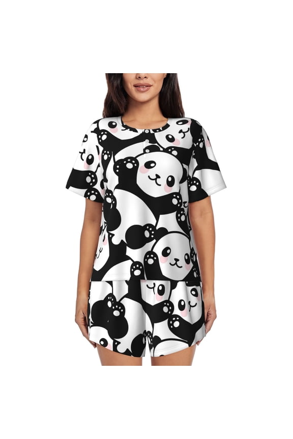 Seamless Pattern Cute Panda Pajamas Sets for Women Soft Short-Sleeved Pjs with Lounge Shorts Two Piece Sleepwear-Large