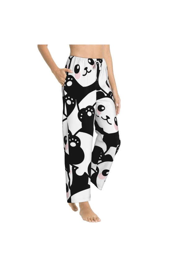 Seamless Pattern Cute Panda Womens Soft Woven Cotton Elastic Waistband Sleep Pajama Pant Lounge Sleep Pant With Pockets And Drawstring-Small
