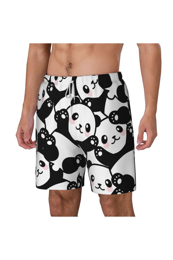 Seamless Pattern Cute Panda pattern Mens Swim Trunks with Compression Liner Stretch Beach Shorts Quick Dry with Zipper Pockets No-Chafing Board Shorts-Medium