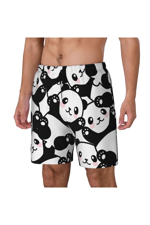 Seamless Pattern Cute Panda pattern Mens Swim Trunks with Compression Liner Stretch Beach Shorts Quick Dry with Zipper Pockets No-Chafing Board Shorts-Small