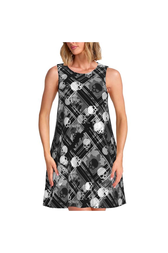 Seamless Pattern With Skulls Print Women’s Sleeveless Midi Swing Dress – A-Line Pleated Tank Sundress, Comfortable and Flowy T-Shirt Dress