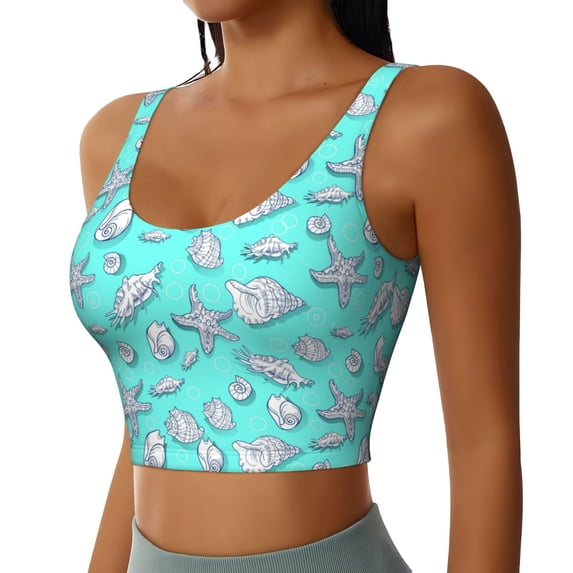 Picia Seashell And Starfish Sports Bra for Women,Padded Strappy Sports Bras Medium Support Yoga Bra with Removable Cups,Running Yoga Bra-XX-Large
