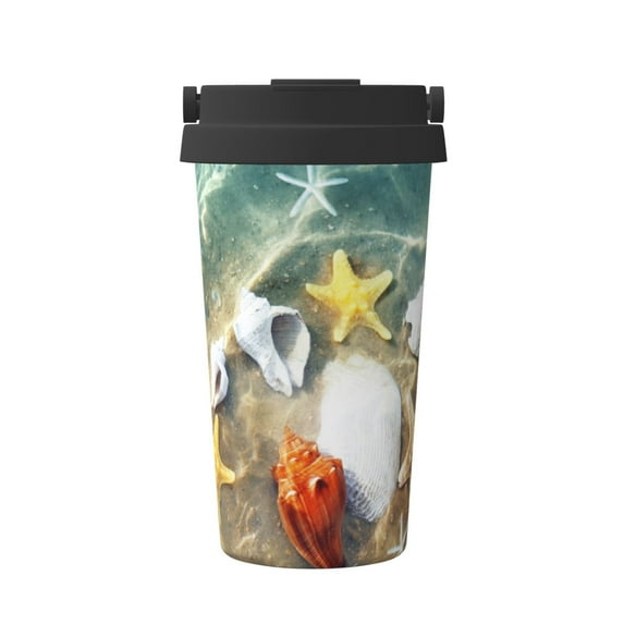 Picia Seashell On The Beach Pattern 500ml Carry Insulated Coffee Mug, Stainless Steel Travel Mug with Hidden Handle, Leak-Proof for Car, Office, Home, and Outdoor Use