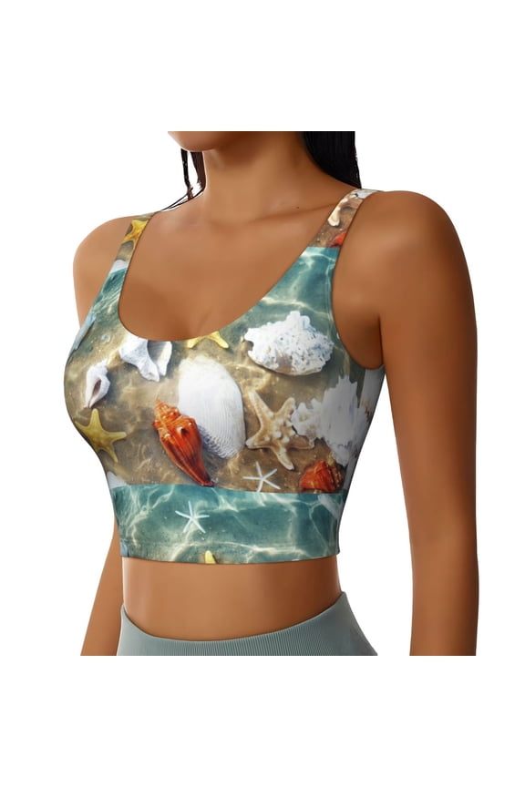 Seashell On The Beach Sports Bra for Women,Padded Strappy Sports Bras Medium Support Yoga Bra with Removable Cups,Running Yoga Bra-Small