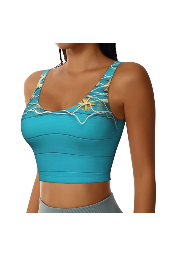 Seashells And Fishing Net On Blue Wooden Table Sports Bra for Women,Padded Strappy Sports Bras Medium Support Yoga Bra with Removable Cups,Running Yoga Bra-Medium