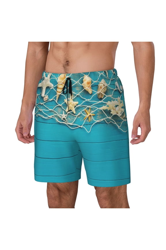 Seashells And Fishing Net On Blue Wooden Table pattern Mens Swim Trunks with Compression Liner Stretch Beach Shorts Quick Dry with Zipper Pockets No-Chafing Board Shorts-Large