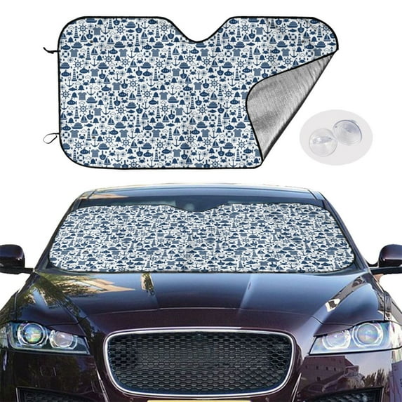 Picia Seaside Primary Color Curved Windshield Sunshade Accordion Folding Style Auto Shade for Car Truck SUV Van Blocks UV Ray Sun Visor Protector -Small