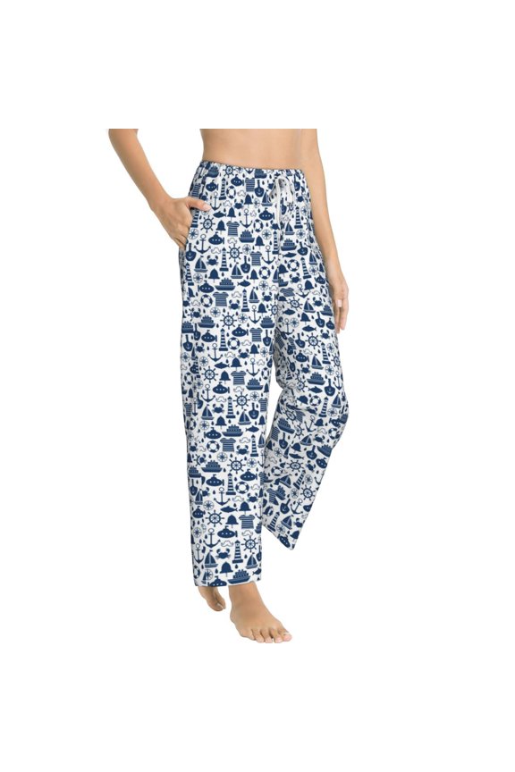 Seaside Primary Color Womens Soft Woven Cotton Elastic Waistband Sleep Pajama Pant Lounge Sleep Pant With Pockets And Drawstring-Medium
