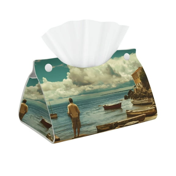 Picia Serene Coastal Blue Sky Pattern Long Tissue Box Cover,PVC Leather Triangle Holder,Tissue Box Holder with Magnetic Bottom,Facial Paper Organizer Dispenser-7.9"X4.9"X4.5"