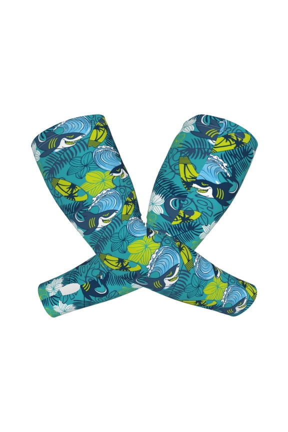 Shark And Leaves Arm Sleeves for Men and Women - Tattoo Cover Up UPF 50+ Cooling Sports Sleeve for Basketball Golf Football-One Size