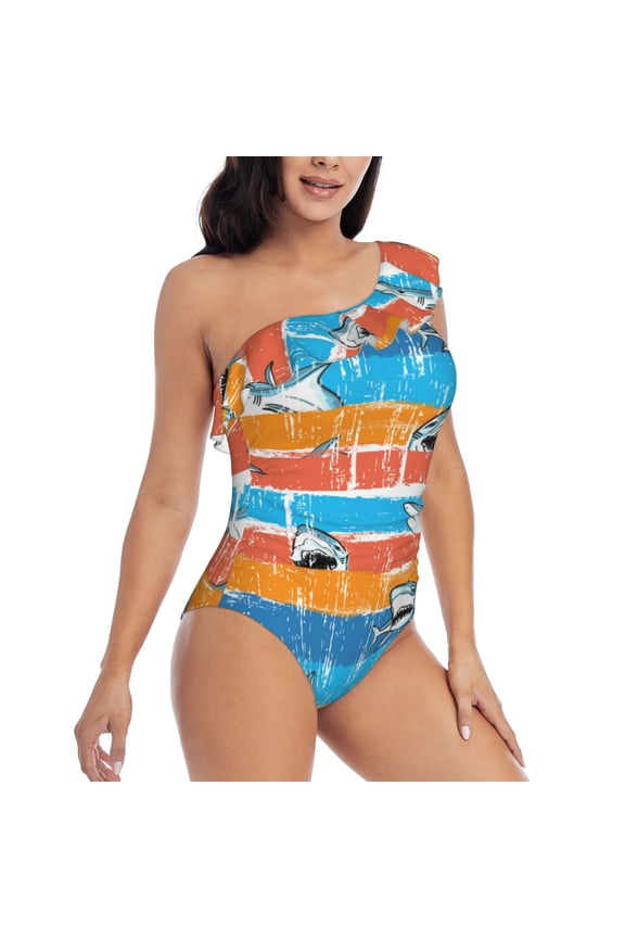 Shark On Line Pattern Women's One Piece Swimsuits,One Shoulder Swimwear Asymmetric ,Ruffle Monokinis Bathing Suits,High Waisted Flattering Bathing Suits-X-Large