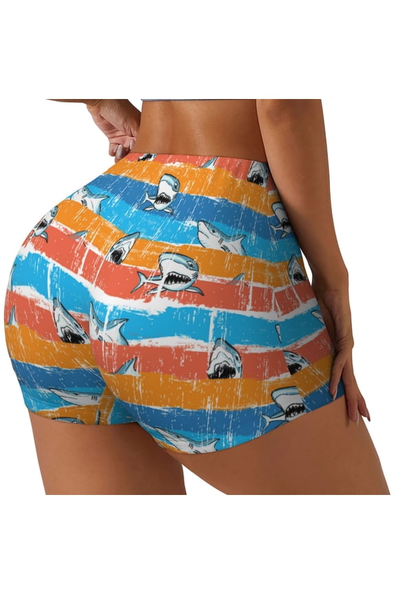 Shark On Line Printed Workout Shorts for Women Seamless Scrunch Butt Lifting High Waisted Yoga Gym Booty Running Moisture-wicking Short Pants-X-Large