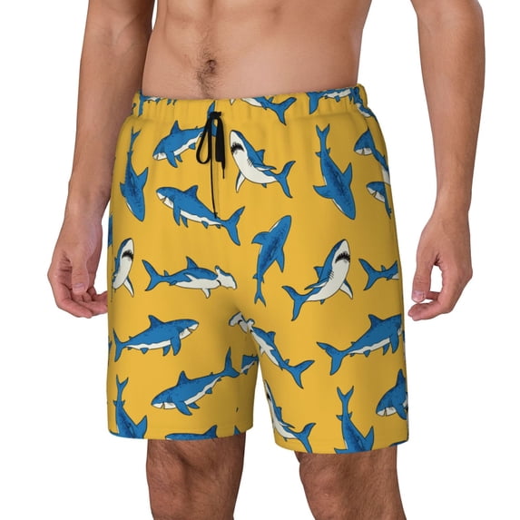 Picia Shark Print pattern Mens Swim Trunks with Compression Liner Stretch Beach Shorts Quick Dry with Zipper Pockets No-Chafing Board Shorts-Small