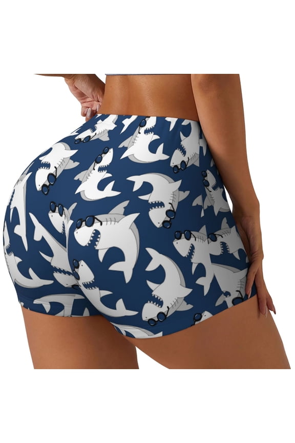 Shark Printed Workout Shorts for Women Seamless Scrunch Butt Lifting High Waisted Yoga Gym Booty Running Moisture-wicking Short Pants-