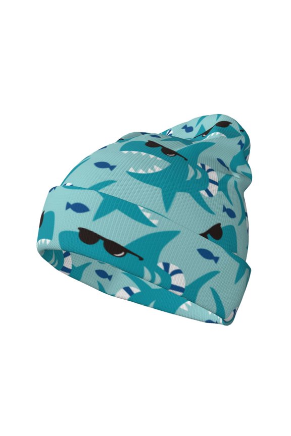 Shark Wearing Sunglasses Pattern Knitted Beanie Hat for Men and Women , Unisex Winter Warm Stretchy Knit Cap Thick Fisherman Beanies Cuffed Plain Skull Caps