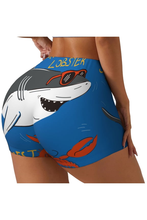 Shark With Sunglasses and Lobste Printed Workout Shorts for Women Seamless Scrunch Butt Lifting High Waisted Yoga Gym Booty Running Moisture-wicking Short Pants-Medium