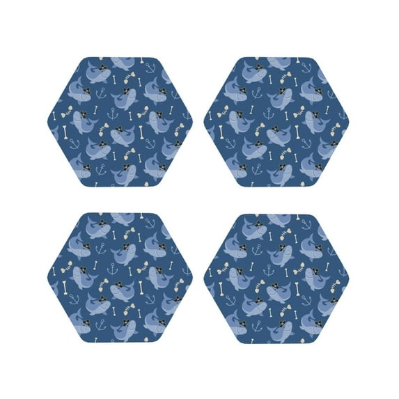 Picia Shark pirate Printed Leather Coasters for Drinks, 4" Drink Coasters Set of 4 for Tabletop Protection, Handmade Luxurious Home Décor and Housewarming Gift-Hexagon