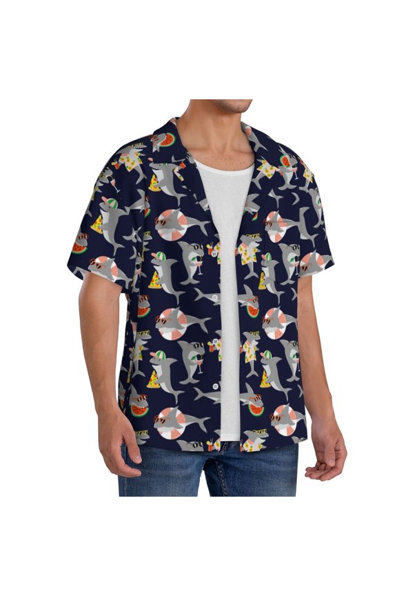 Sharks In Sunglasses Men's Linen Shirts Short Sleeve Cuban Beach Shirts Casual Shirts Button Down Shirt for Men Beach Summer Wedding Shirt-Small