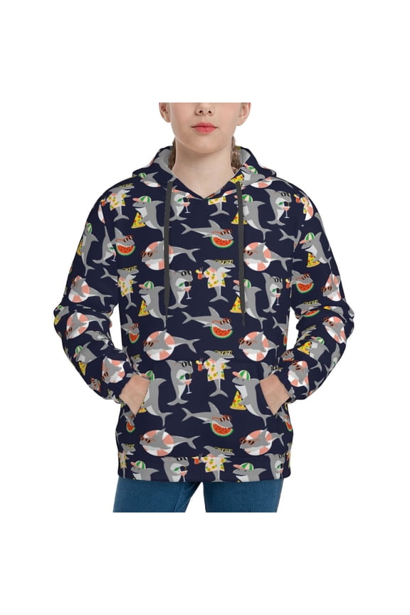 Sharks In Sunglasses Pattern Youth Hoodie - Warm Pullover Sweatshirt with Kangaroo Pocket, Ideal for Boys and Girls-Small