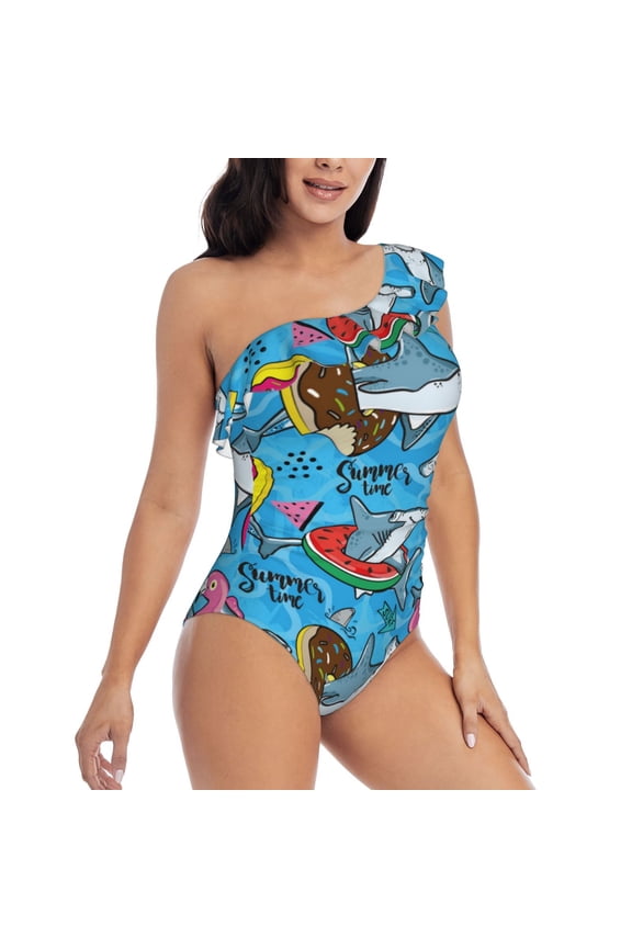 Sharks Summer Pattern Women's One Piece Swimsuits,One Shoulder Swimwear Asymmetric ,Ruffle Monokinis Bathing Suits,High Waisted Flattering Bathing Suits-Large