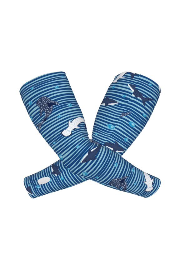 Sharks on White Blue Striped Arm Sleeves for Men and Women - Tattoo Cover Up UPF 50+ Cooling Sports Sleeve for Basketball Golf Football-One Size