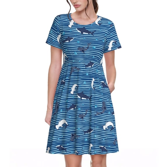 Picia Sharks on White Blue Striped Pattern Women's Short Sleeve Summer Dress Pleated Loose Swing Knee Length Short Sleeve Swing Dresses