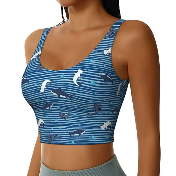 Picia Sharks on White Blue Striped Sports Bra for Women,Padded Strappy Sports Bras Medium Support Yoga Bra with Removable Cups,Running Yoga Bra-