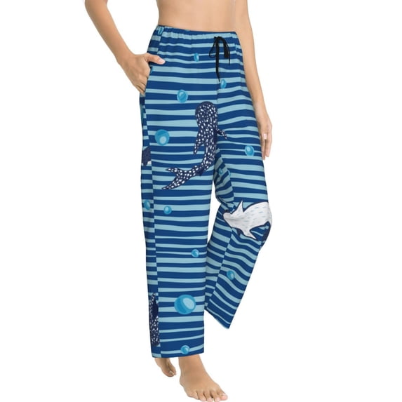 Picia Sharks on White Blue Striped Womens Soft Woven Cotton Elastic Waistband Sleep Pajama Pant Lounge Sleep Pant With Pockets And Drawstring-X-Large