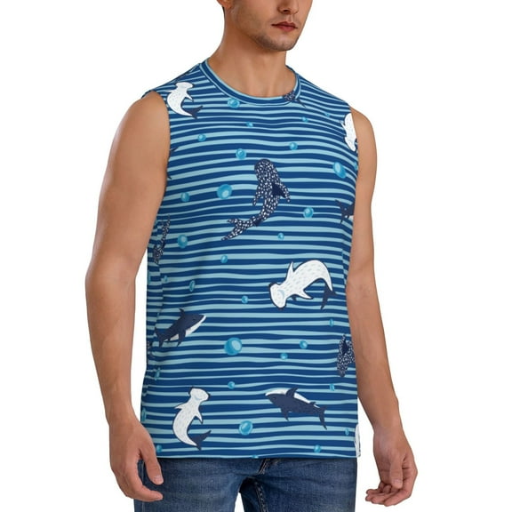 Picia Sharks on White Blue Striped mens Cotton Tank Undershirts , Moisture-wicking Ribbed Tanks, Lightweight Cotton Tank Undershirts-Large