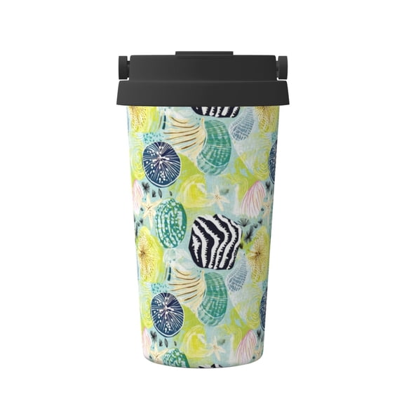 Picia Shell Clam Pattern 500ml Carry Insulated Coffee Mug, Stainless Steel Travel Mug with Hidden Handle, Leak-Proof for Car, Office, Home, and Outdoor Use
