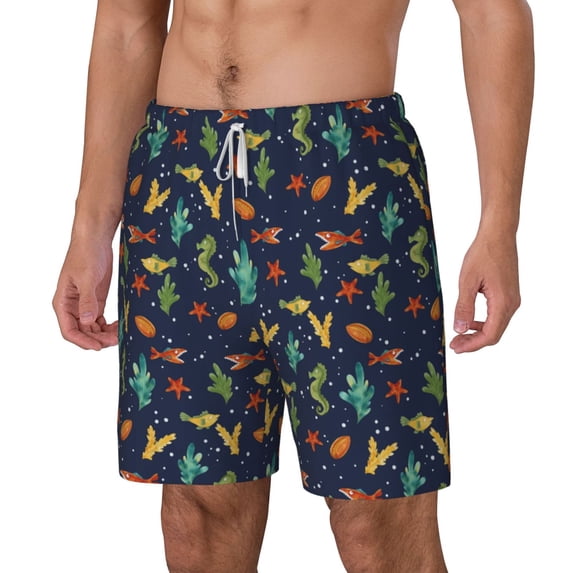 Picia Shells and Seaweed pattern Mens Swim Trunks with Compression Liner Stretch Beach Shorts Quick Dry with Zipper Pockets No-Chafing Board Shorts-Large