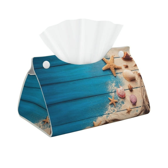 Picia Shells and Starfish Pattern Long Tissue Box Cover,PVC Leather Triangle Holder,Tissue Box Holder with Magnetic Bottom,Facial Paper Organizer Dispenser-7.9"X4.9"X4.5"