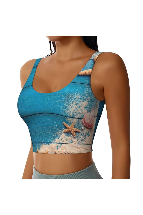 Shells and Starfish Sports Bra for Women,Padded Strappy Sports Bras Medium Support Yoga Bra with Removable Cups,Running Yoga Bra-Large