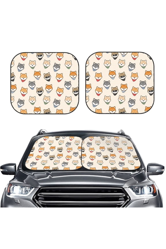 Shiba Head Face 2 Piece Car Windshield Sun Shade Foldable | Foldable Sun Shield for Front Window Blocks UV Rays and Keeps Your Vehicle Cool-Large