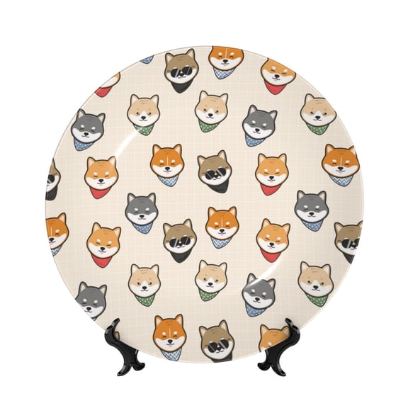 Picia Shiba Head Face Pattern Bone China Decorative Plate – Wall Decor with Stand and Adhesive, Elegant Ornament for Living Room, Office, or Entryway-6in