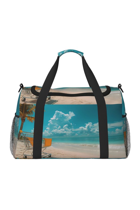 Shopping Cart On Tropical Beach Print Travel Duffle Bag,Weekender Bags for Women with Shoe Compartment, Gym Duffel Bag with Wet Pocket, Hospital Bags for Labor and Delivery