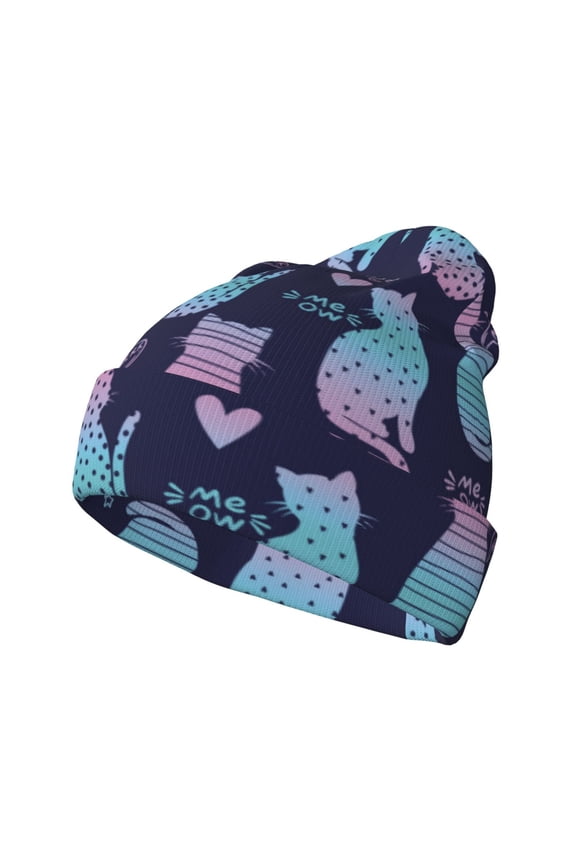 Silhouette Cats Pattern Knitted Beanie Hat for Men and Women , Unisex Winter Warm Stretchy Knit Cap Thick Fisherman Beanies Cuffed Plain Skull Caps