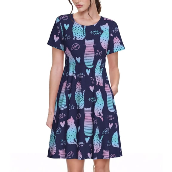 Picia Silhouette Cats Pattern Women's Short Sleeve Summer Dress Pleated Loose Swing Knee Length Short Sleeve Swing Dresses