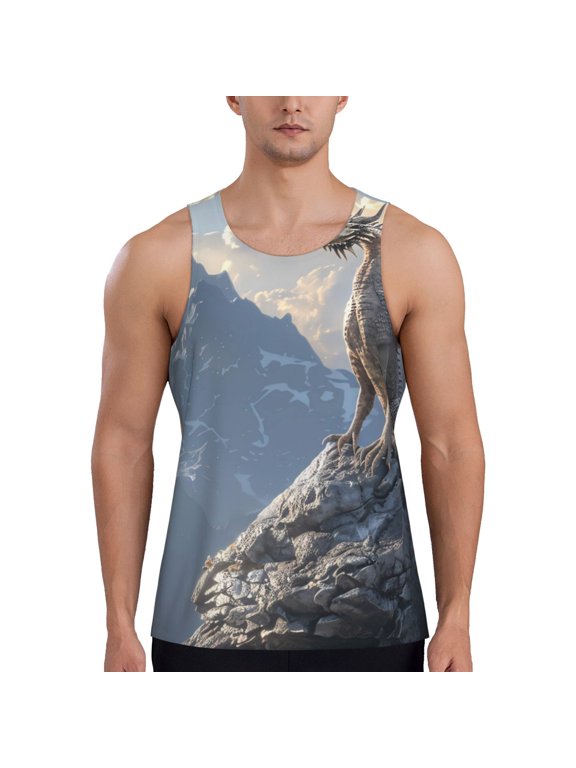 Silver Dragon Mountain Peaks Printed Men’s Performance Tank, Men's Workout Tank Top Moisture-Wicking Tank Top Muscle tee, Breathable Workout Shirt-Large