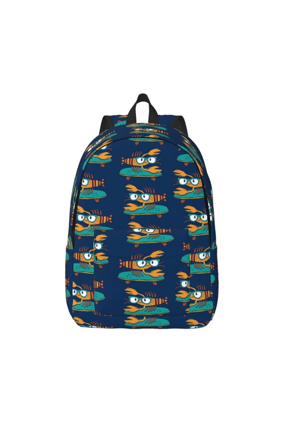 Skateboard Rides Cartoon Lobster Printed Canvas Daypack - Stylish and Durable Vintage Compact Backpack - Class, Work, Travel, or Laptop Bookbag,Organized Compartments-Medium