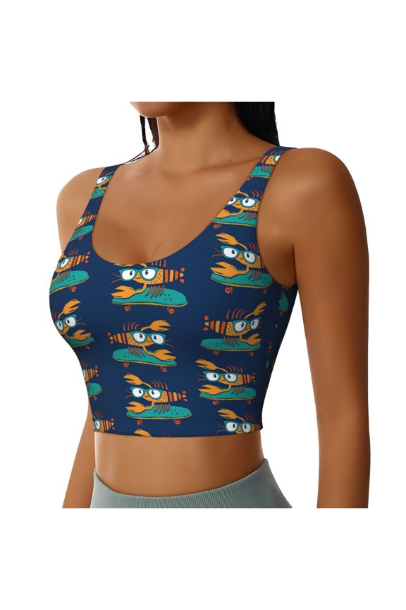 Skateboard Rides Cartoon Lobster Sports Bra for Women,Padded Strappy Sports Bras Medium Support Yoga Bra with Removable Cups,Running Yoga Bra-Small