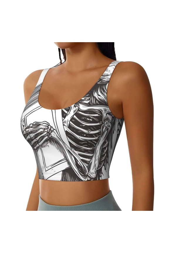 Skeleton Book Lover Sports Bra for Women,Padded Strappy Sports Bras Medium Support Yoga Bra with Removable Cups,Running Yoga Bra-Medium